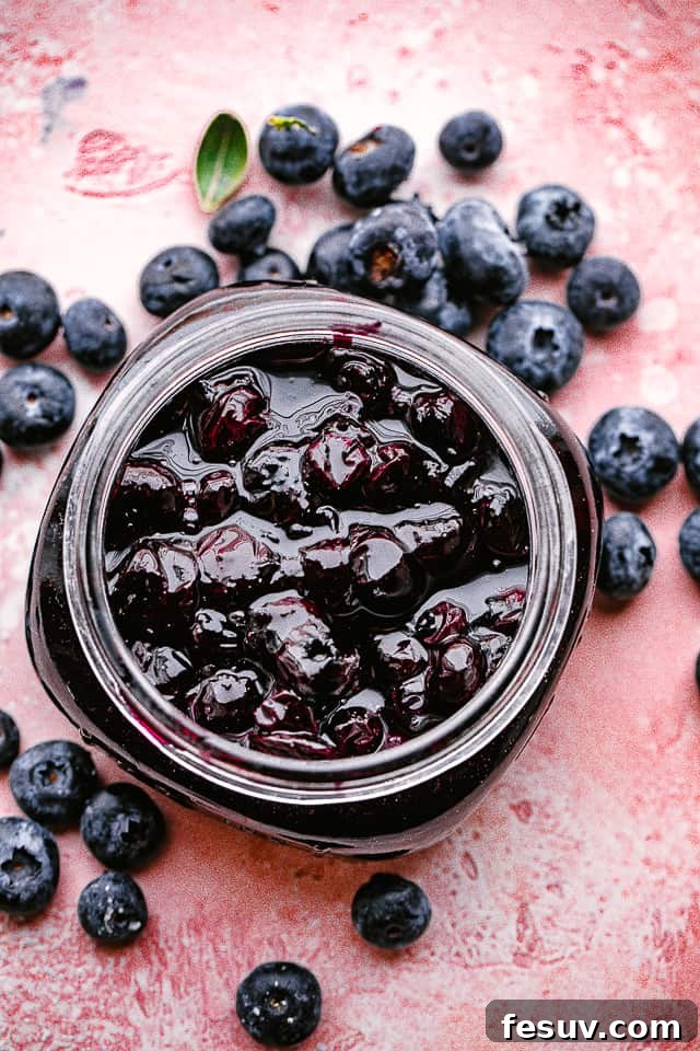This easy blueberry sauce recipe is the perfect topping. Serve it over cheesecake, on waffles, mix it into yogurt, or spoon it onto ice cream! A rustic shot of a glass jar filled with luscious homemade blueberry sauce, emphasizing its fresh ingredients and rich texture.