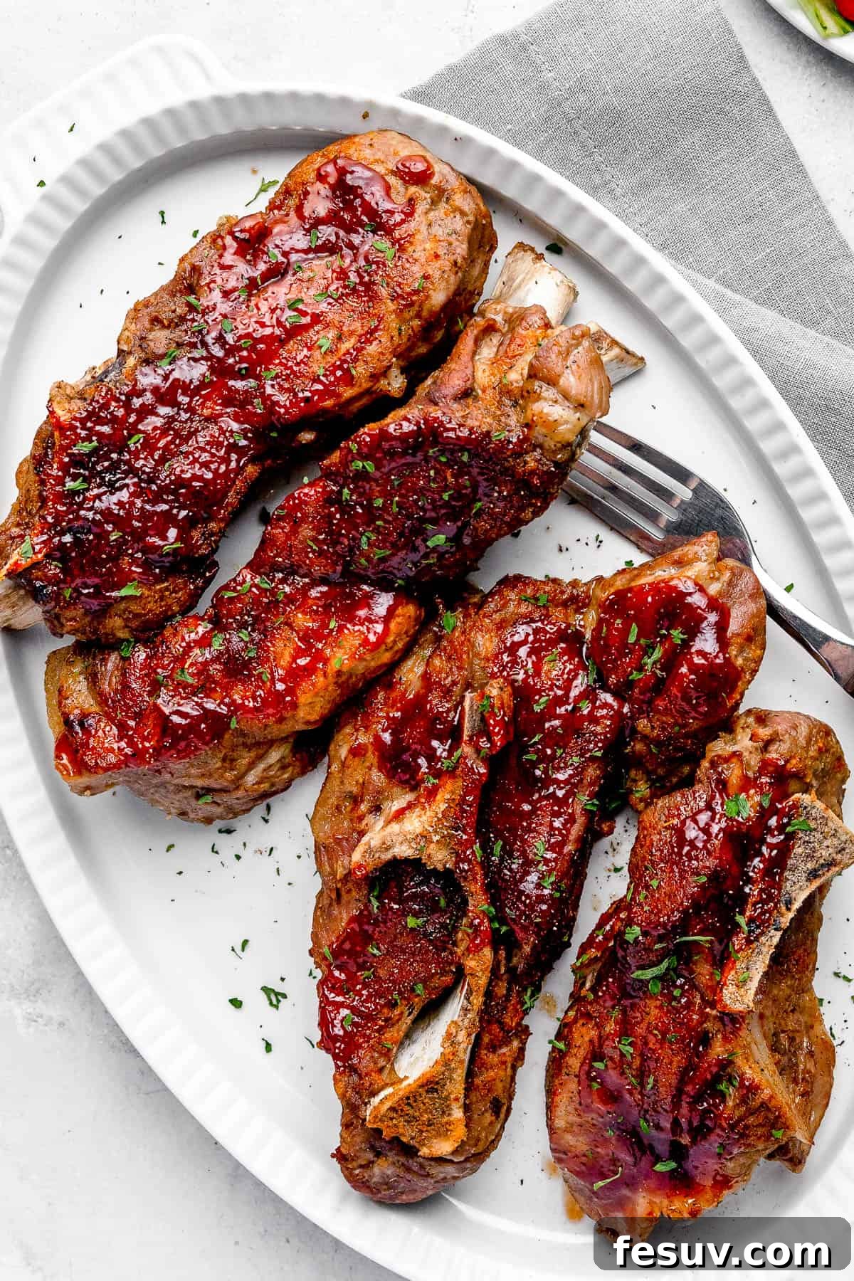 Fall-Off-The-Bone Instant Pot Ribs 7 Four Instant Pot Ribs garnished with chopped parsley on a white plate, ready to be served