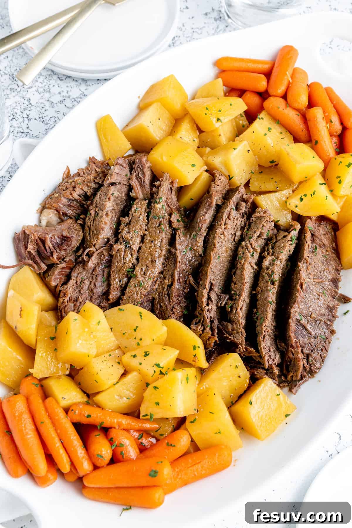 Savory Instant Pot Pot Roast with Hearty Root Vegetables 7 A plated serving of Instant Pot Pot Roast, featuring thick slices of beef, tender carrots, and fluffy potatoes, with a rich gravy.