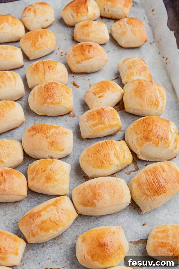 Golden-brown pretzel bites cooling on a baking sheet after being removed from the oven.