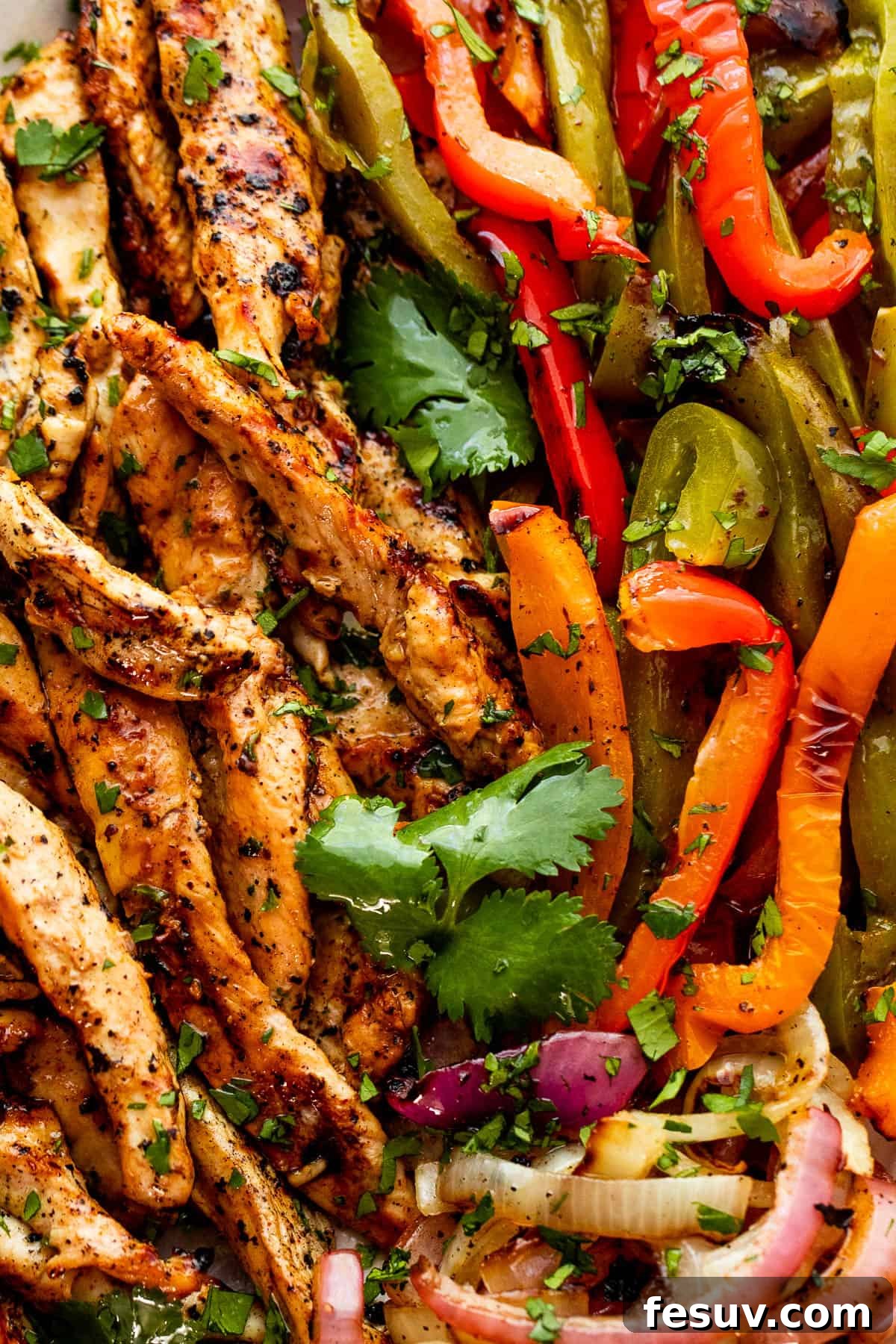 close up photo of grilled chicken and bell peppers for grilled chicken fajitas