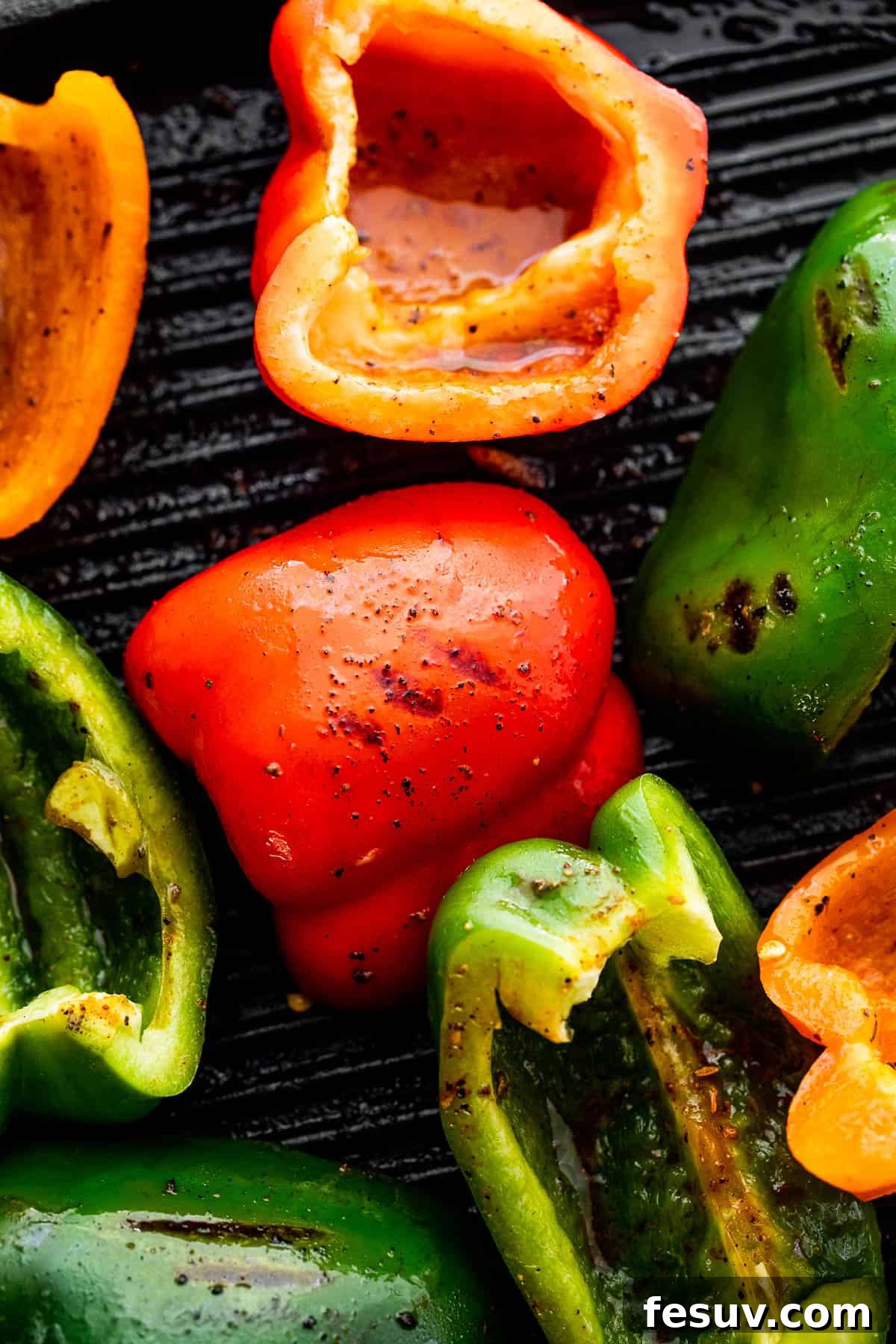 grilling bell peppers on a grill pan