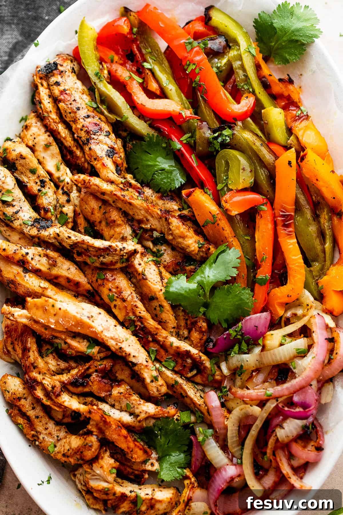 grilled chicken strips, colorful bell pepper strips, and onions on a serving plate garnished with cilantro leaves