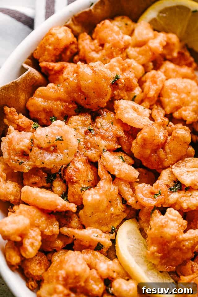 Crispy Shrimp Poppers 5 Crispy popcorn shrimp piled high on a white plate, garnished with a fresh lemon wedge.