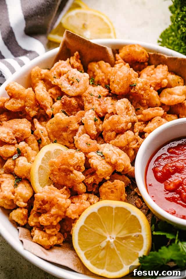 Crispy Shrimp Poppers 6 A vibrant plate of crispy popcorn shrimp, adorned with fresh lemon wedges and a small bowl of dipping sauce.