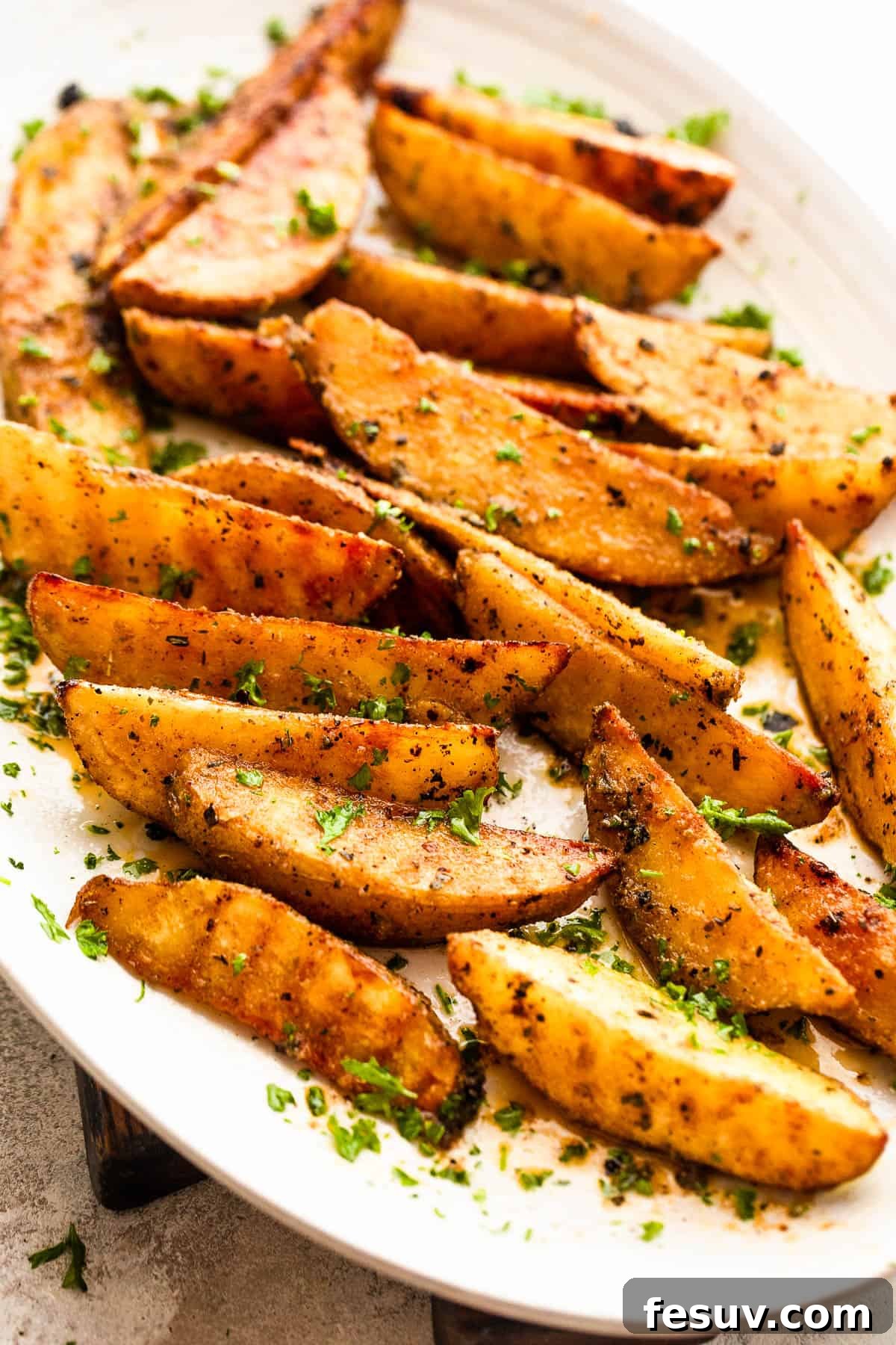 Sliced potatoes ready to be seasoned and grilled for a perfect side dish. Freshly sliced Russet potatoes prepared for grilling, ready for seasoning.