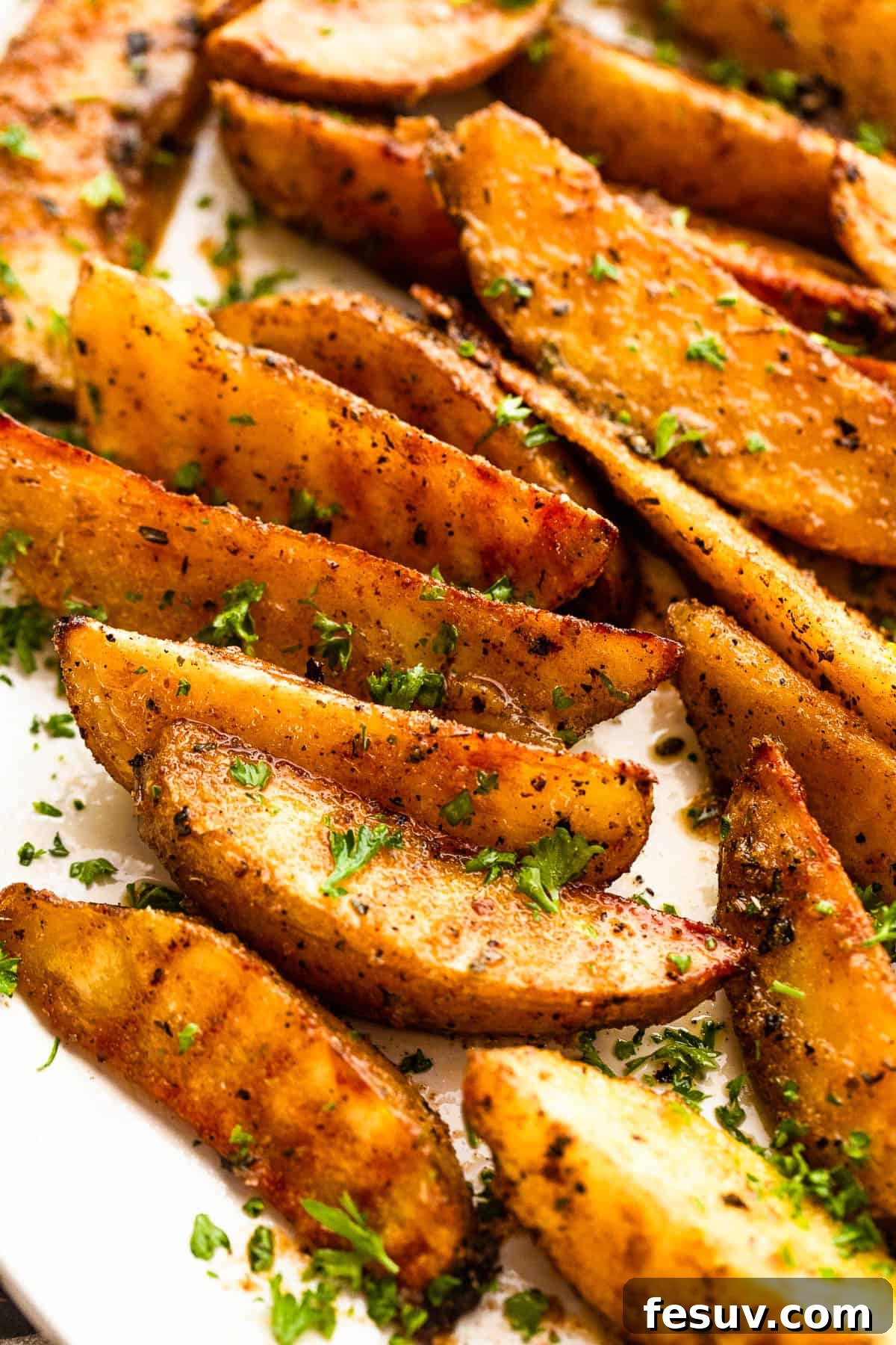 Crispy and tender grilled potato wedges, a perfect side for any meal. Grilled potato wedges garnished with chopped parsley and arranged on a platter, ready to be enjoyed.