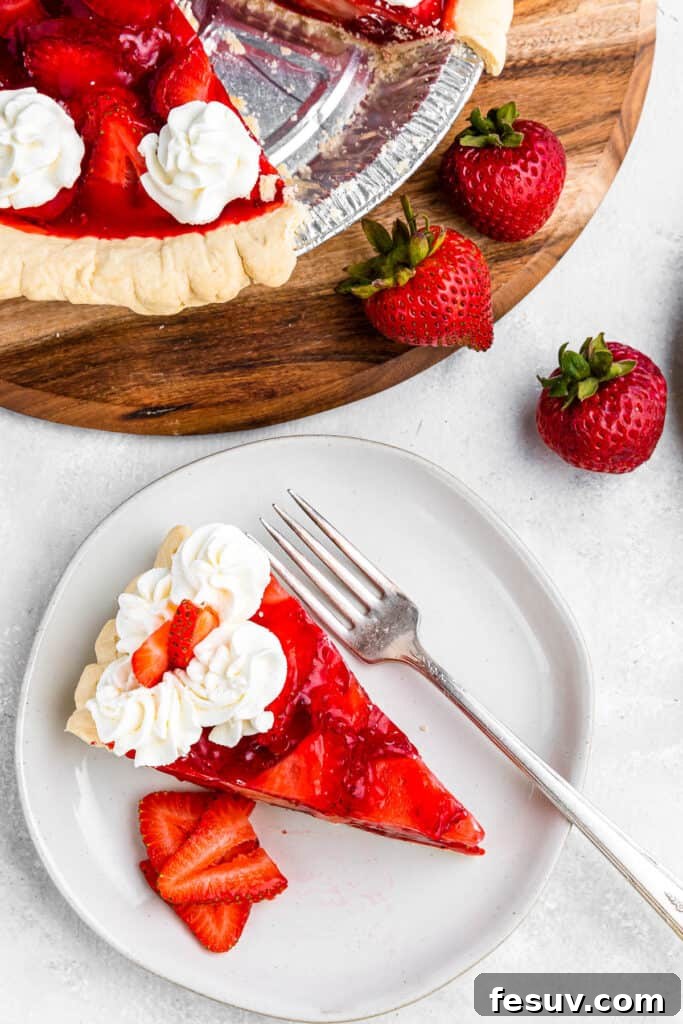 overhead shot of strawberry pie and strawberry pie slice