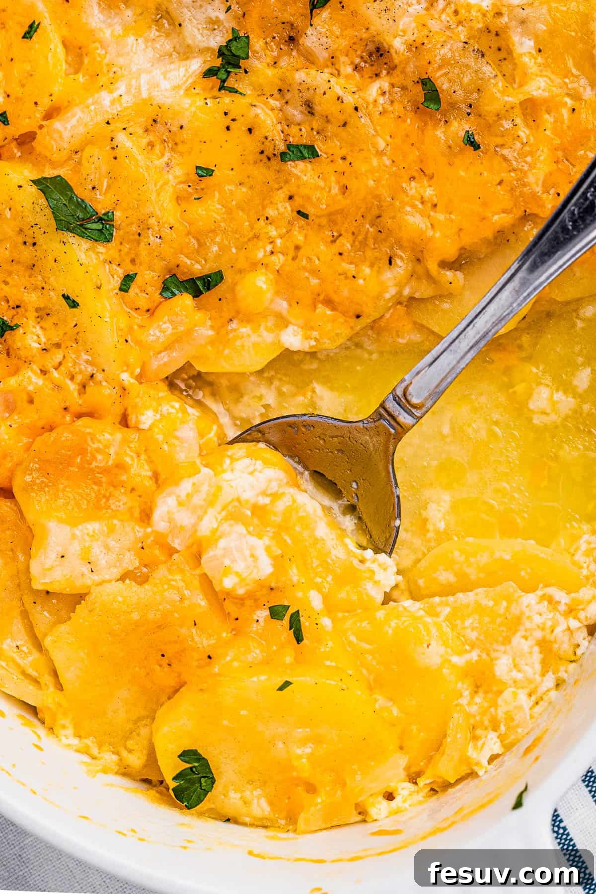 Tender sliced potatoes layered with cheddar cheese and diced onions to make a scalloped potatoes casserole. Spoon scooping out scalloped potatoes from a white casserole dish, showcasing tender slices and melted cheese.