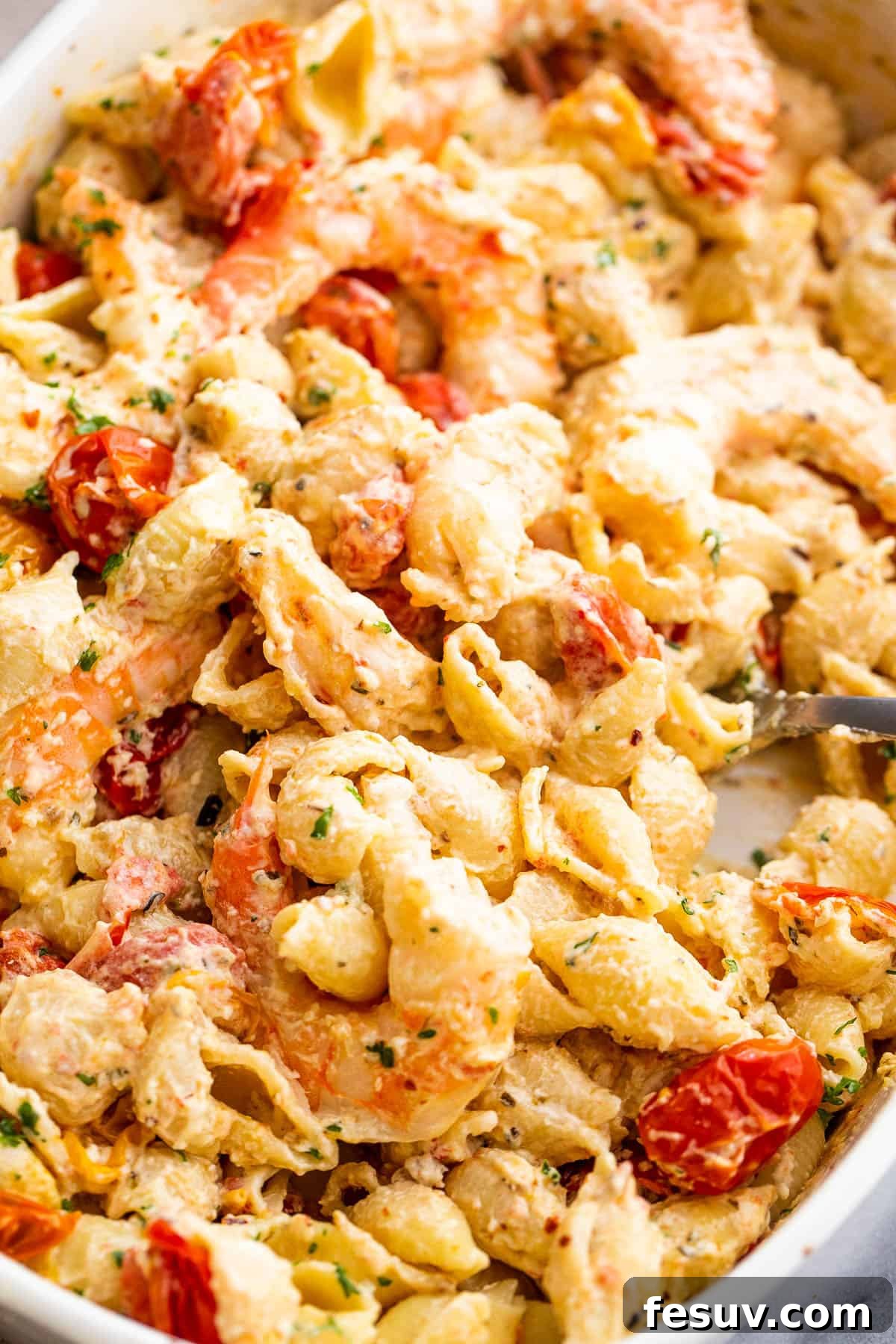 Rich Cream Cheese Shrimp Pasta Bake 3 Close-up of shrimp and small shell pasta coated in a creamy, baked cream cheese and cherry tomato sauce.