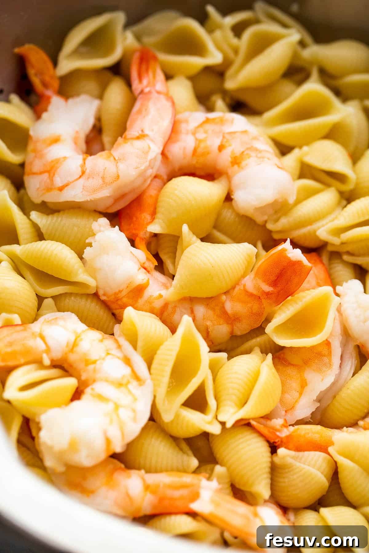 Rich Cream Cheese Shrimp Pasta Bake 5 Close-up of small shells pasta and shrimp boiling together in a large pot, a time-saving step for this recipe.