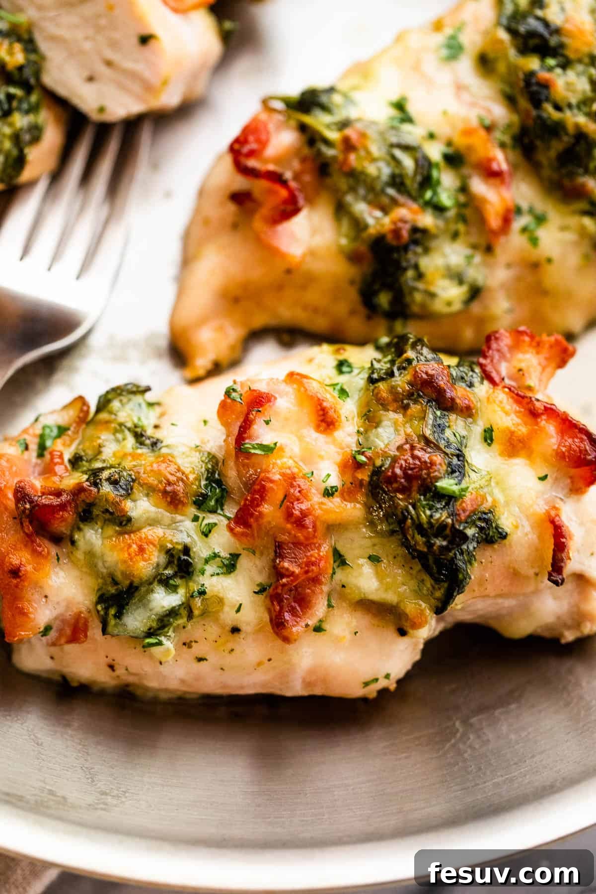 Decadent Cheesy Spinach Bacon Stuffed Chicken 3 overhead shot of a baked chicken breast stuffed with spinach and bacon on top