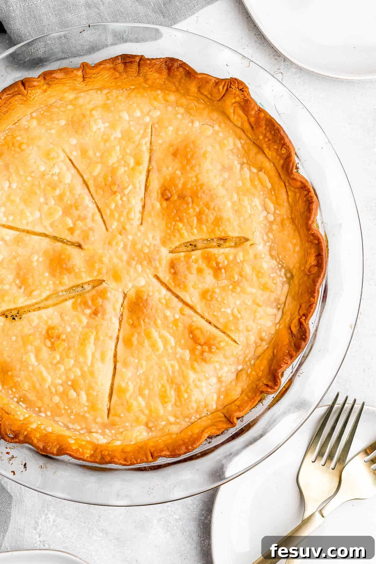 A perfectly baked chicken pot pie with a golden, flaky top crust, showing the steam vents cut with a knife, highlighting its homemade charm.