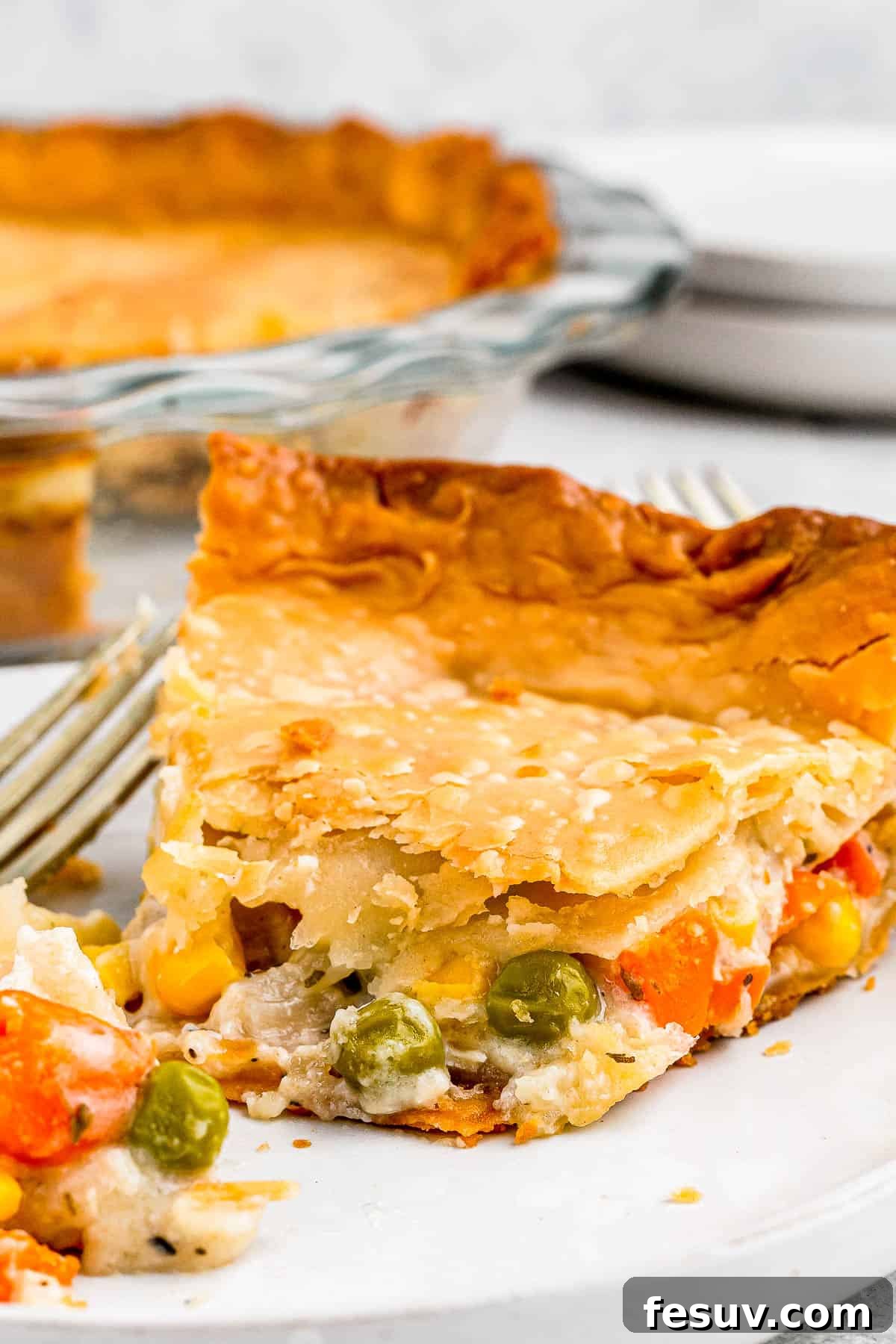 A delectable slice of homemade chicken pot pie, showcasing its golden crust, creamy filling, and a colorful mix of chicken and vegetables, served invitingly on a white plate.