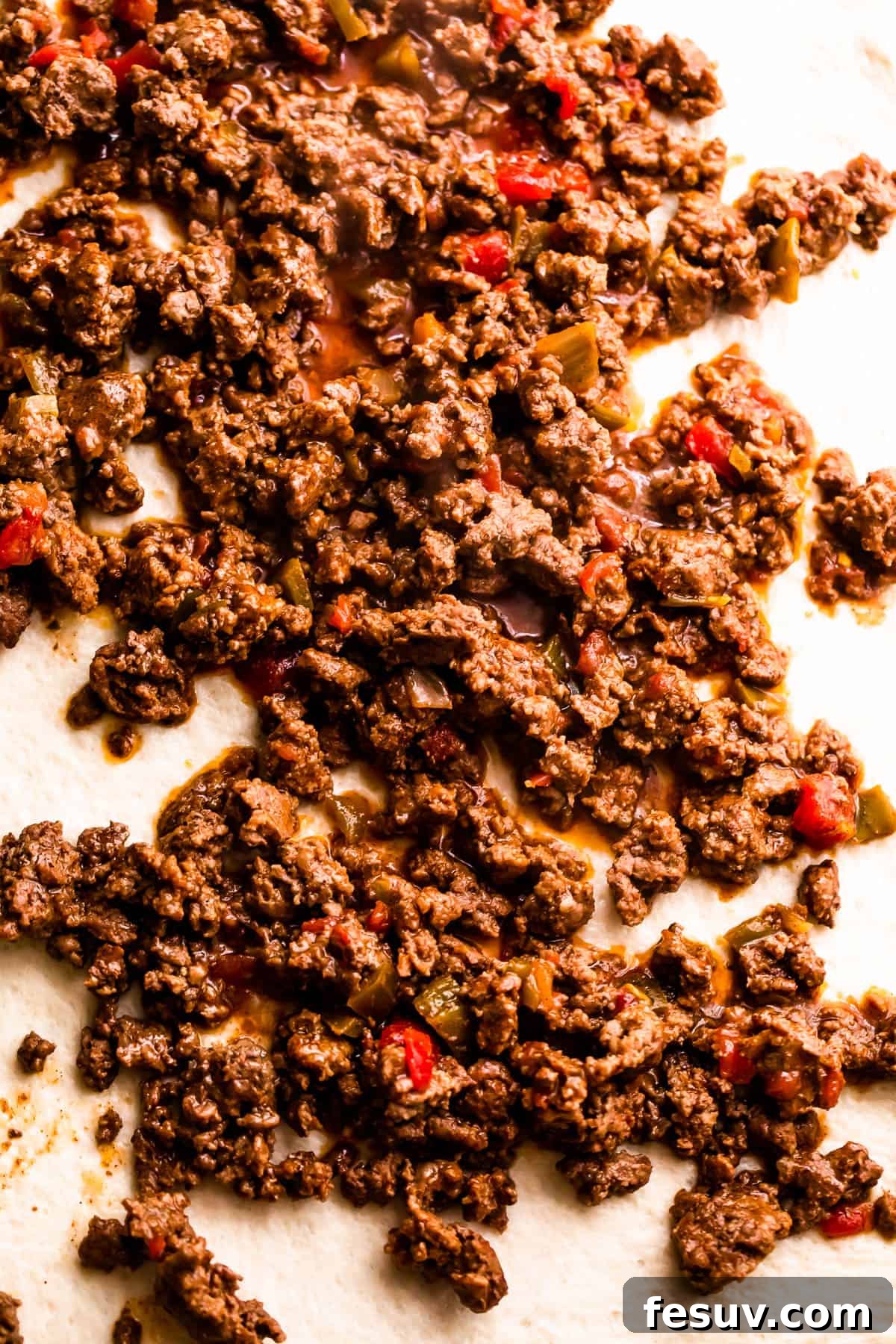 Seasoned ground beef evenly sprinkled over a rectangle of unrolled pizza dough, preparing for the cheese and rolling.