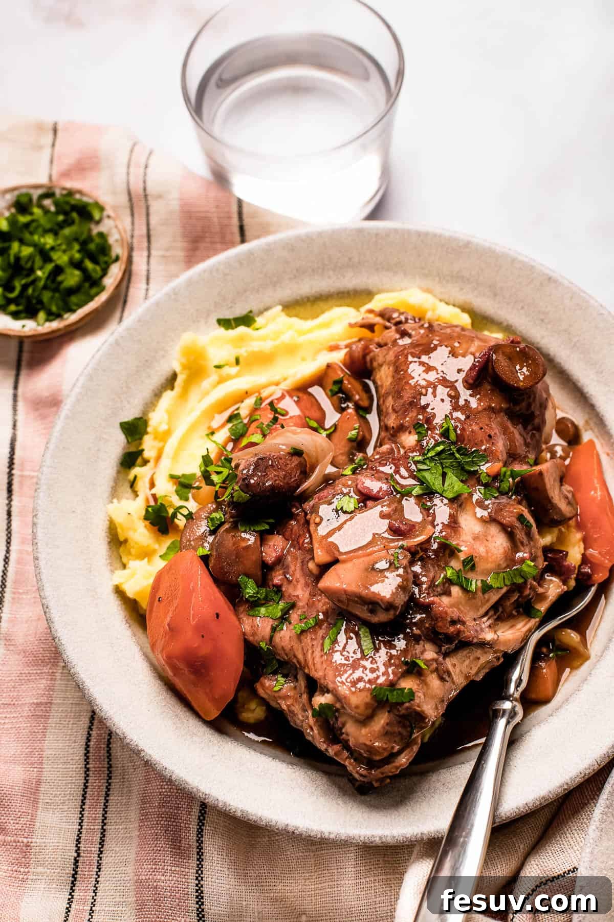 Instant Pot Coq au Vin: Classic French Flavor, Modern Speed 11 A serving of coq au vin with mashed potatoes on a stoneware plate.