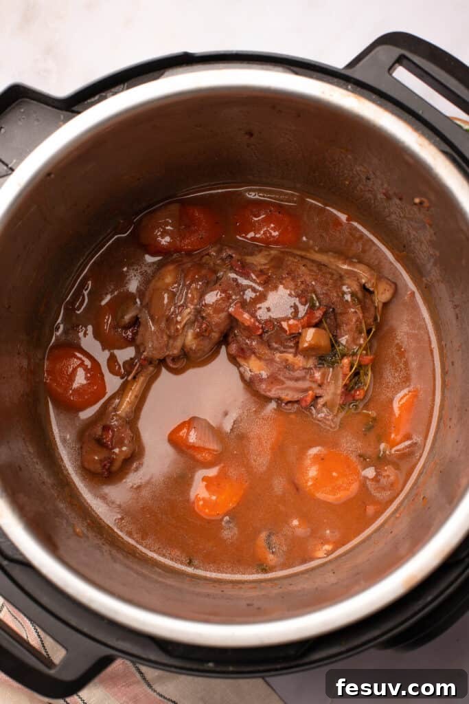 Instant Pot Coq au Vin: Classic French Flavor, Modern Speed 9 Cooked chicken and vegetable in sauce in the Instant Pot.