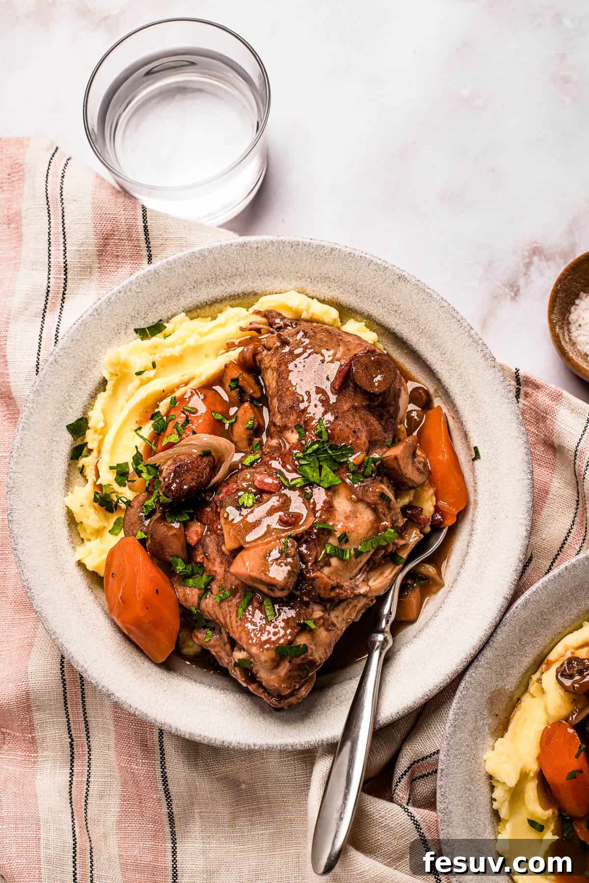 Instant Pot Coq au Vin: Classic French Flavor, Modern Speed 10 A serving of coq au vin with mashed potatoes on a stoneware plate.