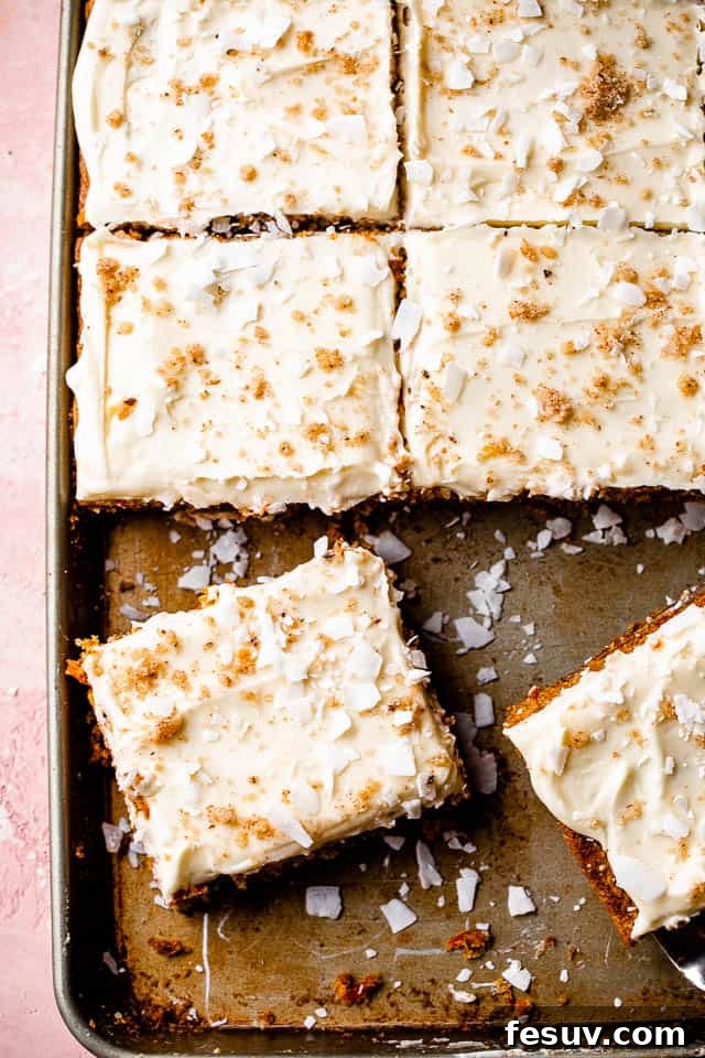 frosted carrot cake in a sheet pan, ready for its close-up