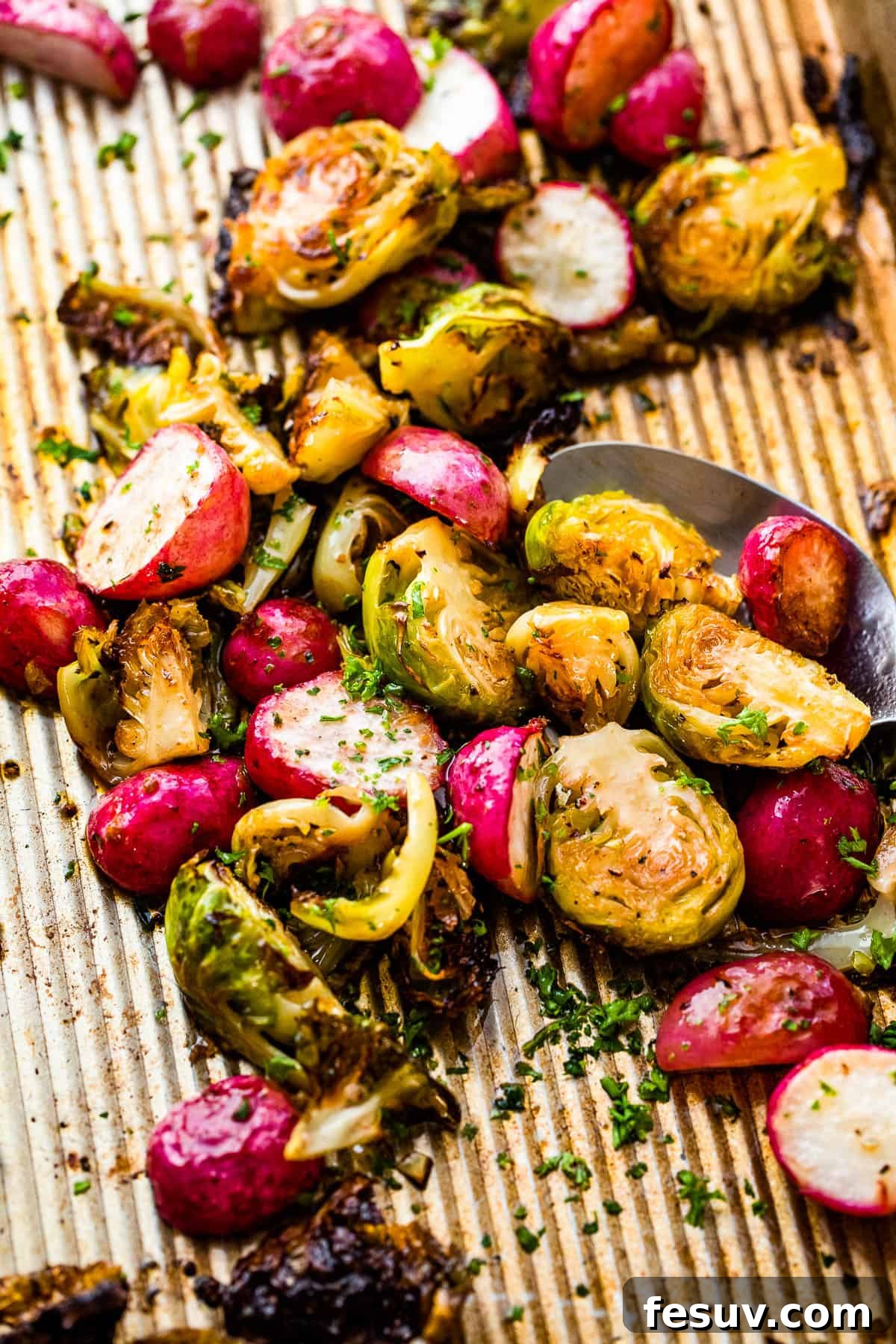 Crispy Roasted Brussels Sprouts and Radishes 5 Overhead shot of freshly roasted Brussels Sprouts and Radishes on a baking sheet, golden brown and perfectly cooked.