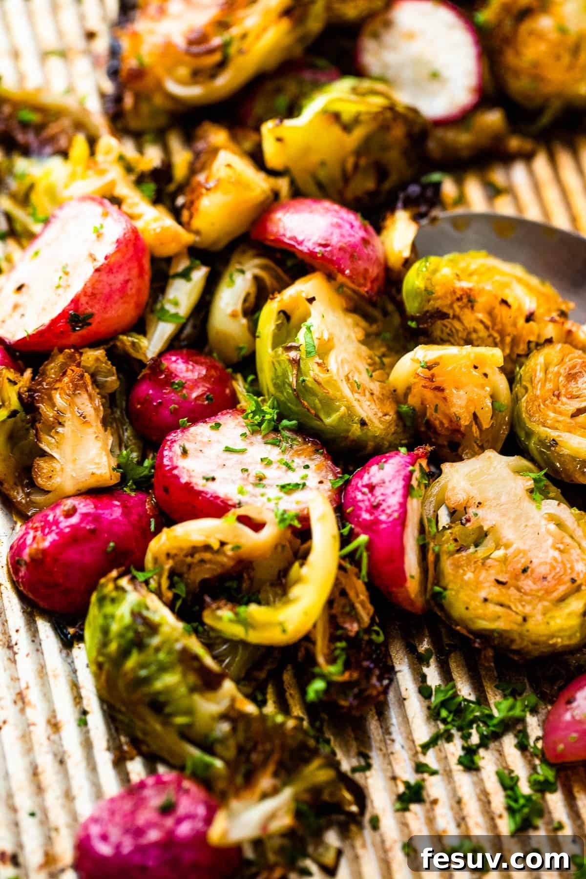 Crispy Roasted Brussels Sprouts and Radishes 6 Close up shot of halved Roasted Brussels Sprouts and Radishes on a baking sheet, showcasing their crispy edges and vibrant colors.